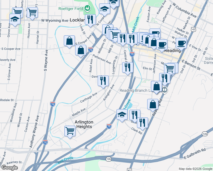 map of restaurants, bars, coffee shops, grocery stores, and more near 755 Arlington Avenue in Cincinnati