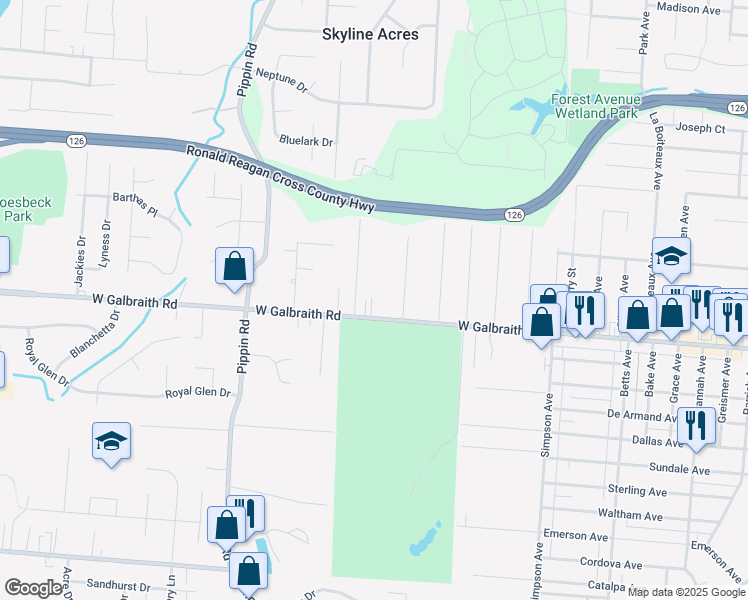 map of restaurants, bars, coffee shops, grocery stores, and more near 2076 Galbraith Road in Cincinnati