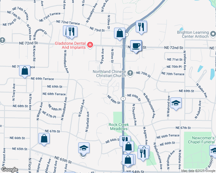 map of restaurants, bars, coffee shops, grocery stores, and more near 2300 North Olive Street in Gladstone