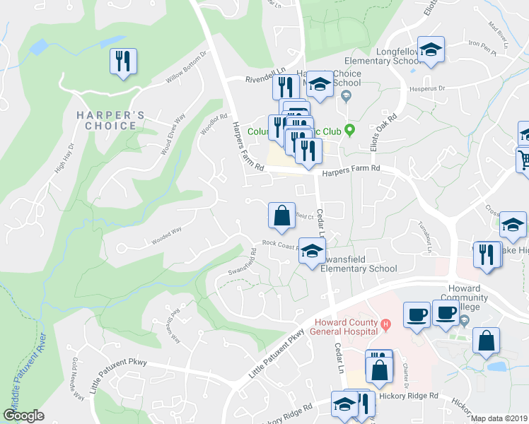 map of restaurants, bars, coffee shops, grocery stores, and more near 5583 Suffield Court in Columbia