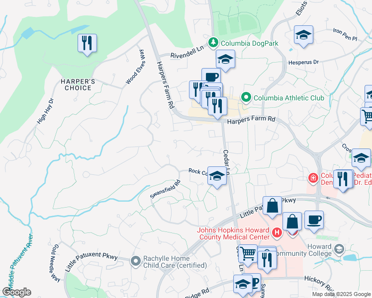 map of restaurants, bars, coffee shops, grocery stores, and more near 5583 Suffield Court in Columbia