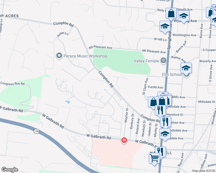 map of restaurants, bars, coffee shops, grocery stores, and more near 6904 Leeds Lane West in Cincinnati