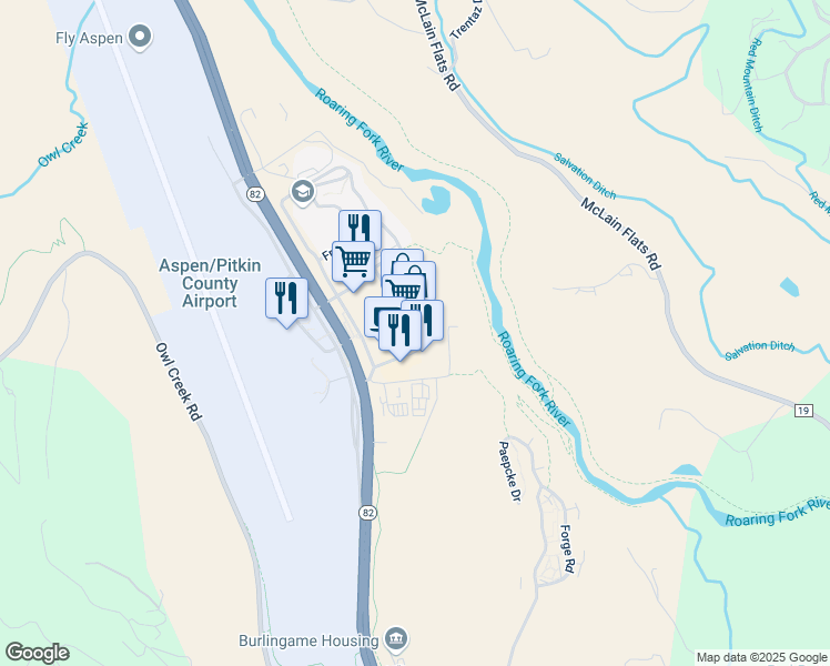 map of restaurants, bars, coffee shops, grocery stores, and more near 303e Aspen Airport Business Center in Aspen