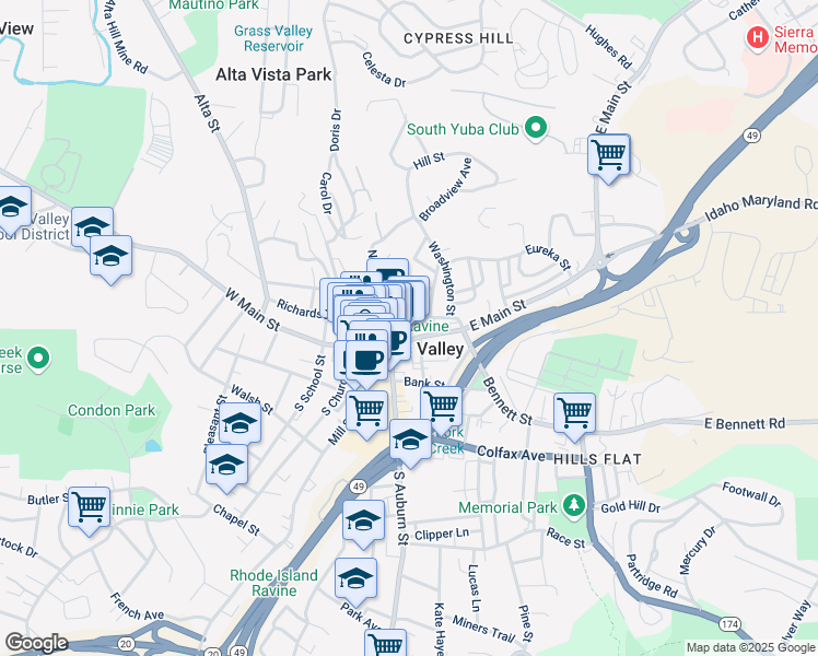 map of restaurants, bars, coffee shops, grocery stores, and more near 126 South Auburn Street in Grass Valley