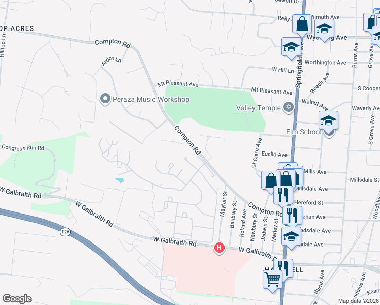 map of restaurants, bars, coffee shops, grocery stores, and more near 6904 Leeds Lane West in Cincinnati