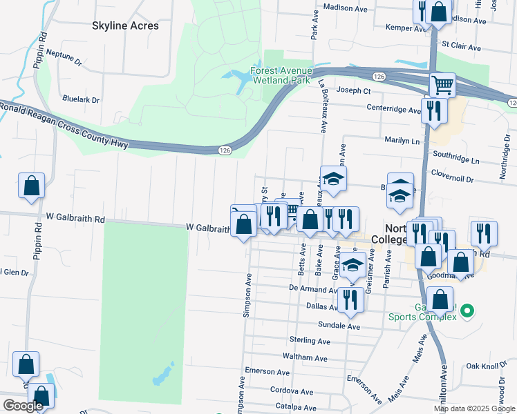 map of restaurants, bars, coffee shops, grocery stores, and more near in North College Hill
