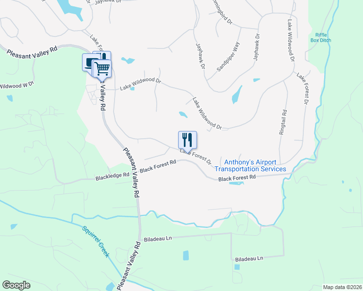 map of restaurants, bars, coffee shops, grocery stores, and more near 18566 Lake Forest Drive in Penn Valley