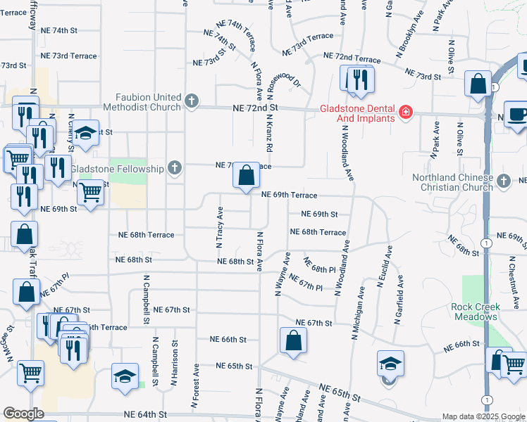 map of restaurants, bars, coffee shops, grocery stores, and more near 6813 North Flora Avenue in Kansas City