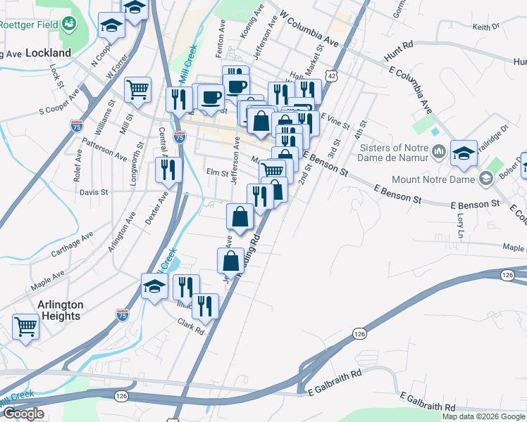 map of restaurants, bars, coffee shops, grocery stores, and more near 8759 Reading Road in Cincinnati