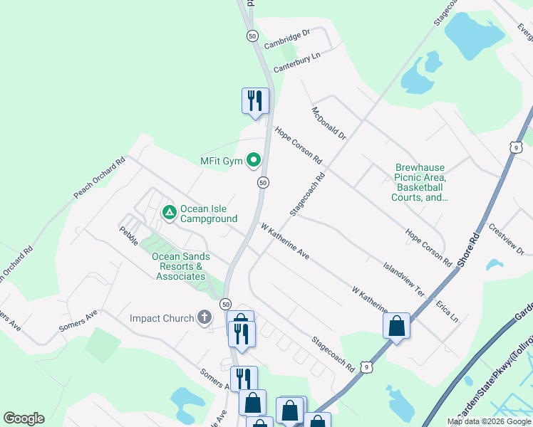 map of restaurants, bars, coffee shops, grocery stores, and more near 51 West Katherine Avenue in Ocean View