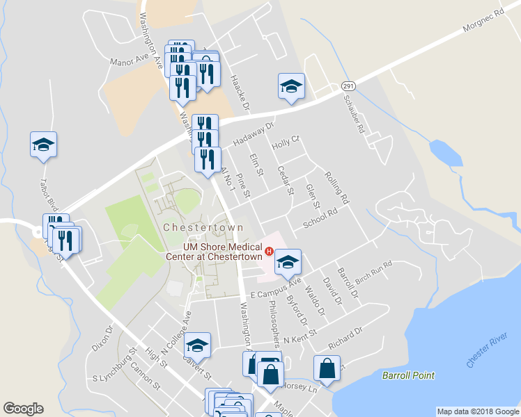 map of restaurants, bars, coffee shops, grocery stores, and more near 205 Pine Street in Chestertown