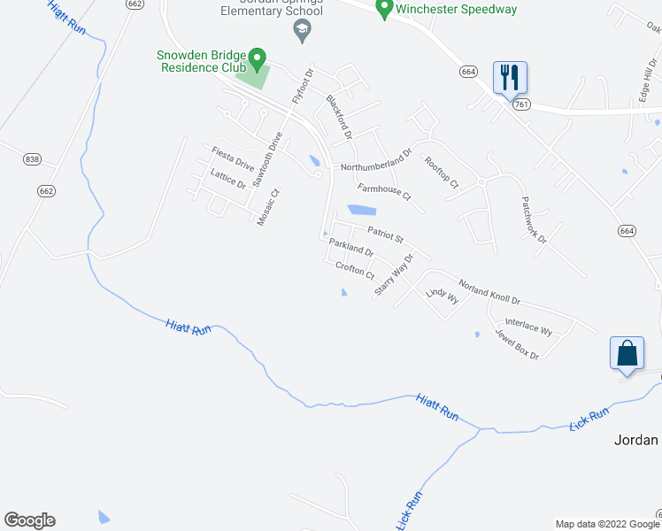 map of restaurants, bars, coffee shops, grocery stores, and more near 104 Crofton Court in Stephenson