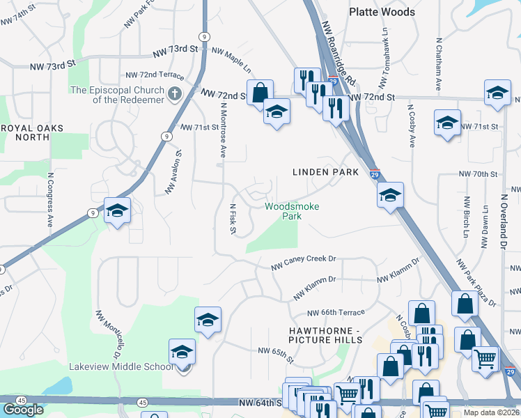 map of restaurants, bars, coffee shops, grocery stores, and more near 6818 Northwest Mokane Avenue in Kansas City