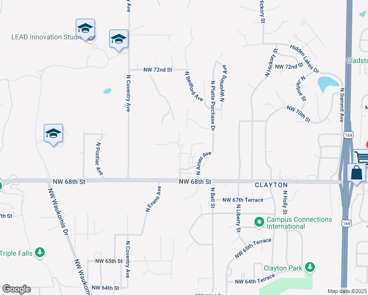 map of restaurants, bars, coffee shops, grocery stores, and more near 6921 North Bedford Avenue in Kansas City