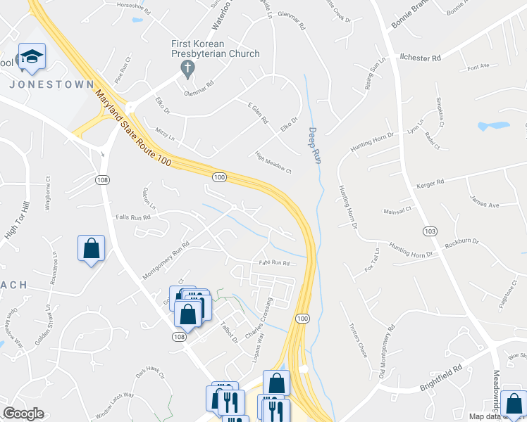map of restaurants, bars, coffee shops, grocery stores, and more near 8341 Montgomery Run Road in Ellicott City