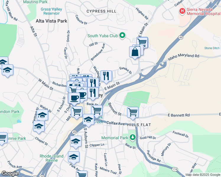 map of restaurants, bars, coffee shops, grocery stores, and more near 115 Murphy Street in Grass Valley