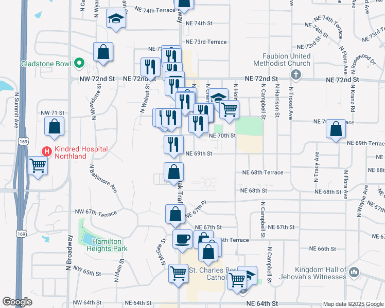 map of restaurants, bars, coffee shops, grocery stores, and more near 607 Northeast 69 Street in Kansas City