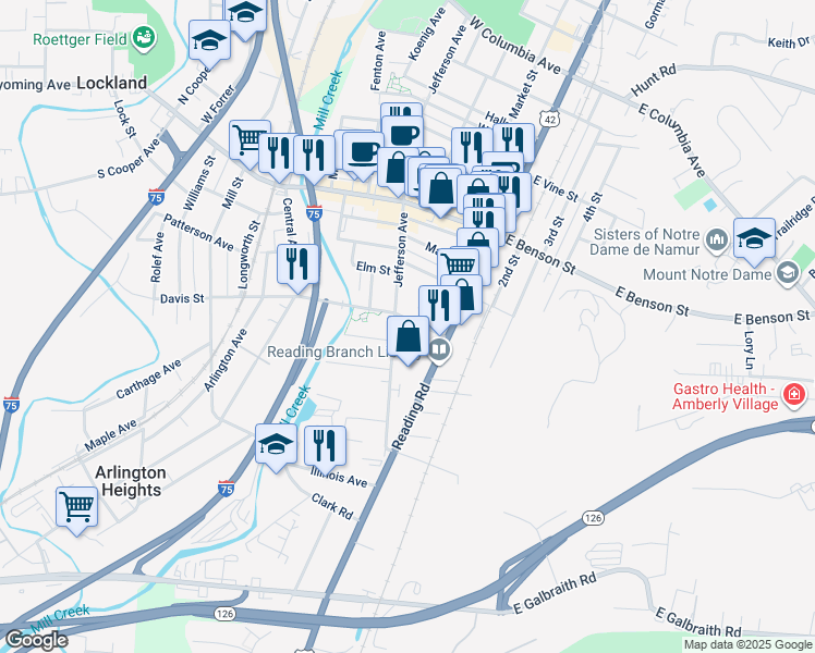 map of restaurants, bars, coffee shops, grocery stores, and more near 16 Koehler Avenue in Cincinnati