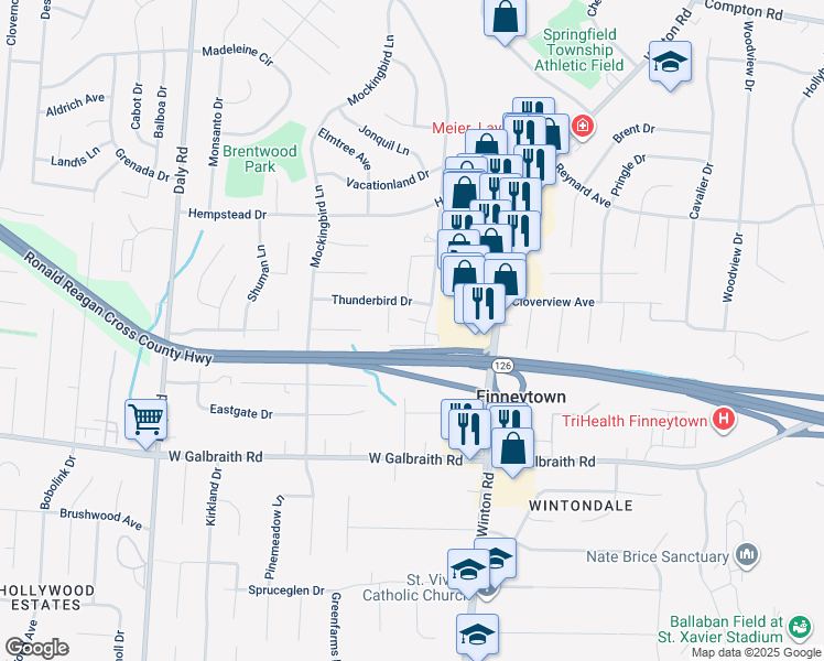 map of restaurants, bars, coffee shops, grocery stores, and more near 8436 Cottonwood Drive in Cincinnati