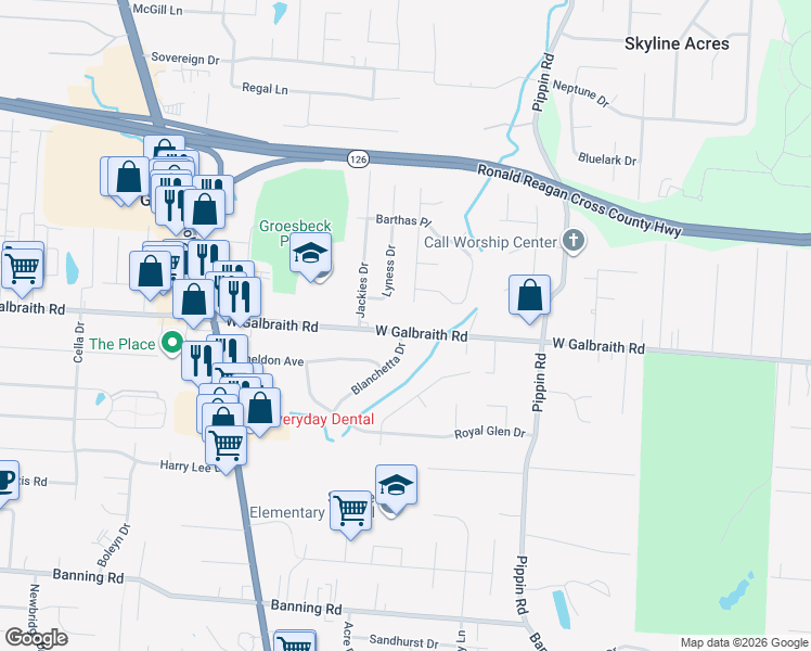map of restaurants, bars, coffee shops, grocery stores, and more near 8270 Lyness Drive in Groesbeck