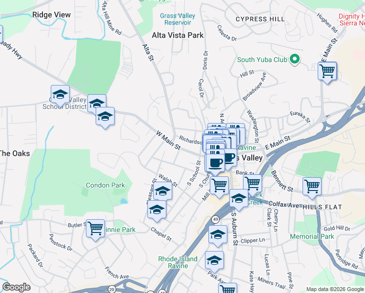 map of restaurants, bars, coffee shops, grocery stores, and more near 436 West Main Street in Grass Valley