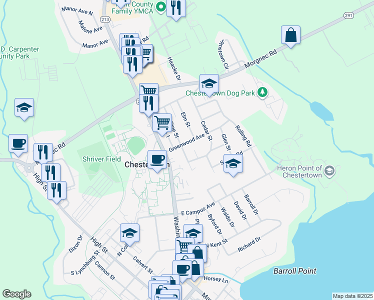 map of restaurants, bars, coffee shops, grocery stores, and more near 205 Pine Street in Chestertown