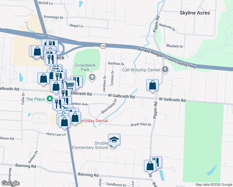 map of restaurants, bars, coffee shops, grocery stores, and more near 8270 Lyness Drive in Groesbeck