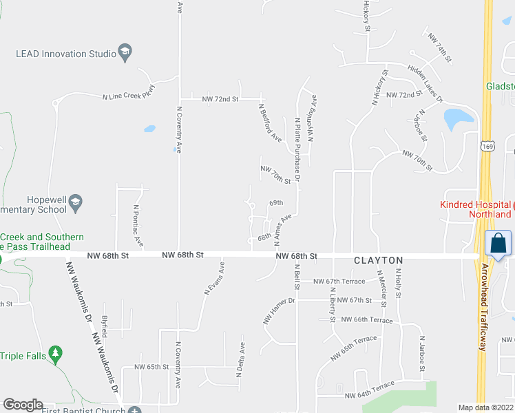 map of restaurants, bars, coffee shops, grocery stores, and more near 6923 North Bedford Avenue in Kansas City