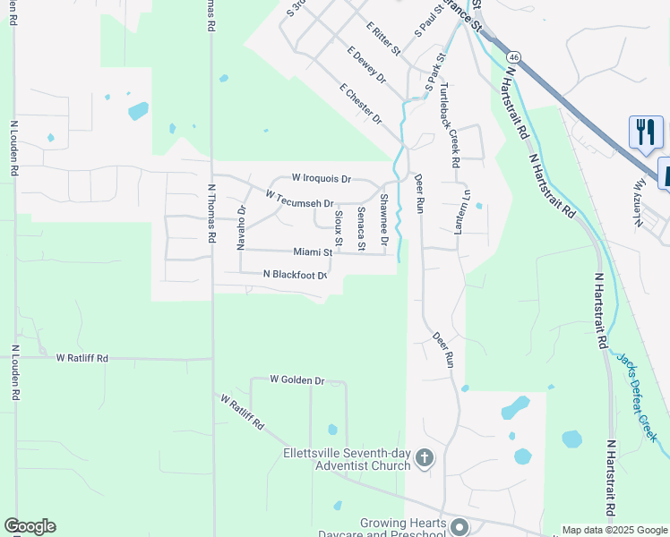 map of restaurants, bars, coffee shops, grocery stores, and more near 301-315 Miami St in Ellettsville