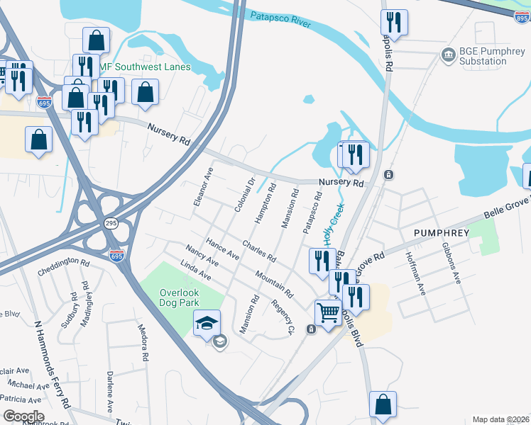 map of restaurants, bars, coffee shops, grocery stores, and more near 21 Hampton Road in Linthicum Heights
