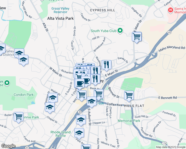 map of restaurants, bars, coffee shops, grocery stores, and more near 128 Wood Street in Grass Valley