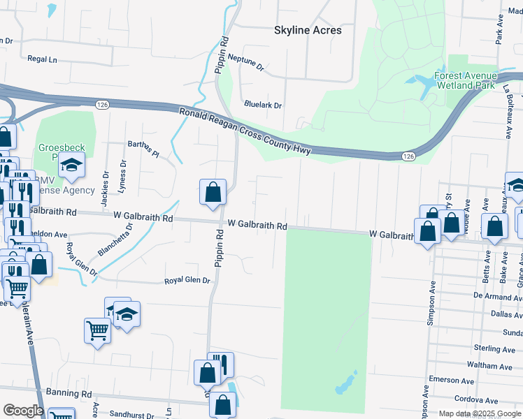 map of restaurants, bars, coffee shops, grocery stores, and more near 8282 Brownsway Lane in Cincinnati