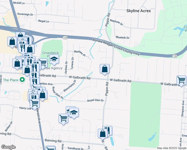 map of restaurants, bars, coffee shops, grocery stores, and more near 2628 Barthas Place in Cincinnati