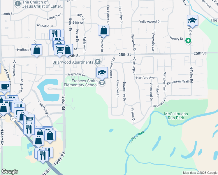 map of restaurants, bars, coffee shops, grocery stores, and more near 2121 Timbercrest Drive in Columbus