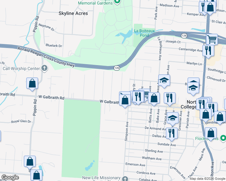 map of restaurants, bars, coffee shops, grocery stores, and more near 6927 Gloria Drive in North College Hill