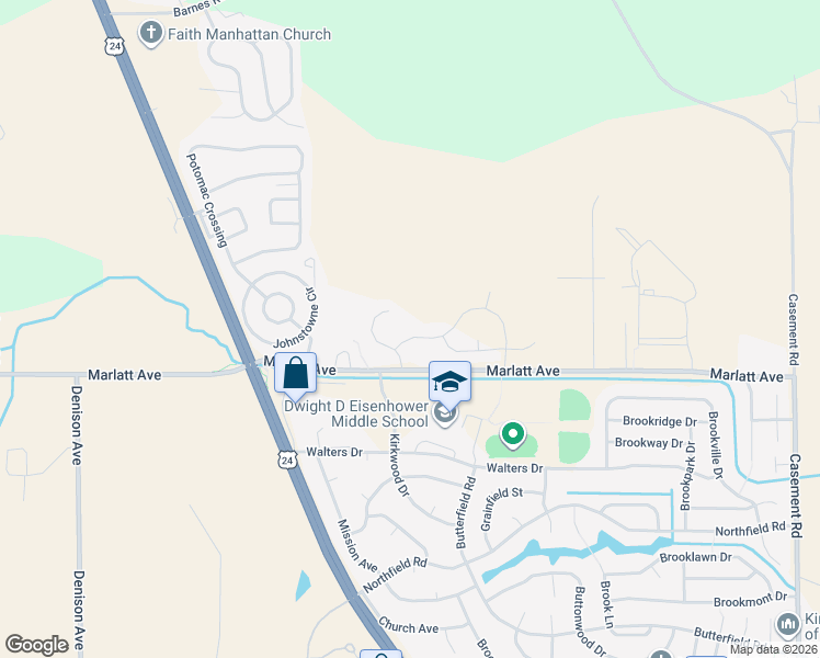 map of restaurants, bars, coffee shops, grocery stores, and more near 3016 Matter Drive in Manhattan