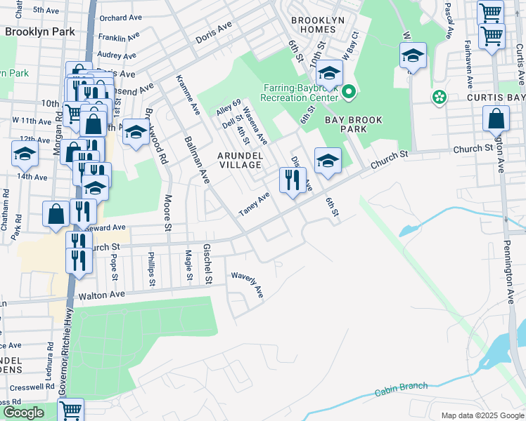 map of restaurants, bars, coffee shops, grocery stores, and more near 515 Taney Avenue in Brooklyn Park