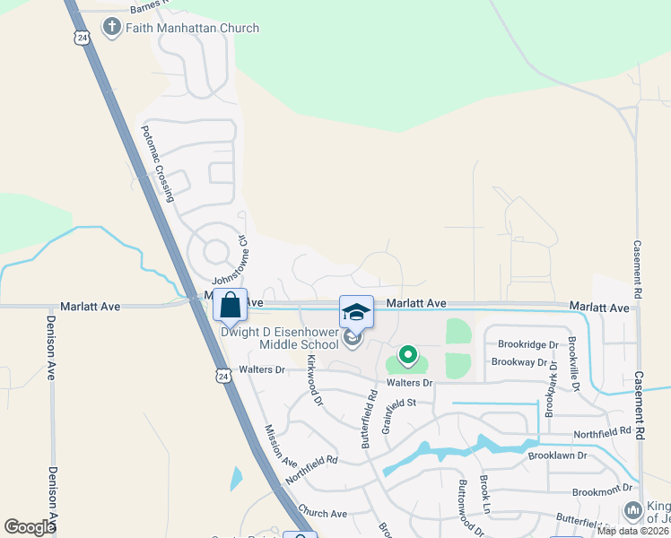 map of restaurants, bars, coffee shops, grocery stores, and more near 3008 Matter Drive in Manhattan