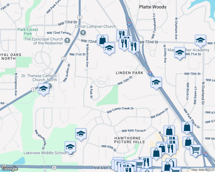 map of restaurants, bars, coffee shops, grocery stores, and more near 6439 Northwest 70th Street in Kansas City