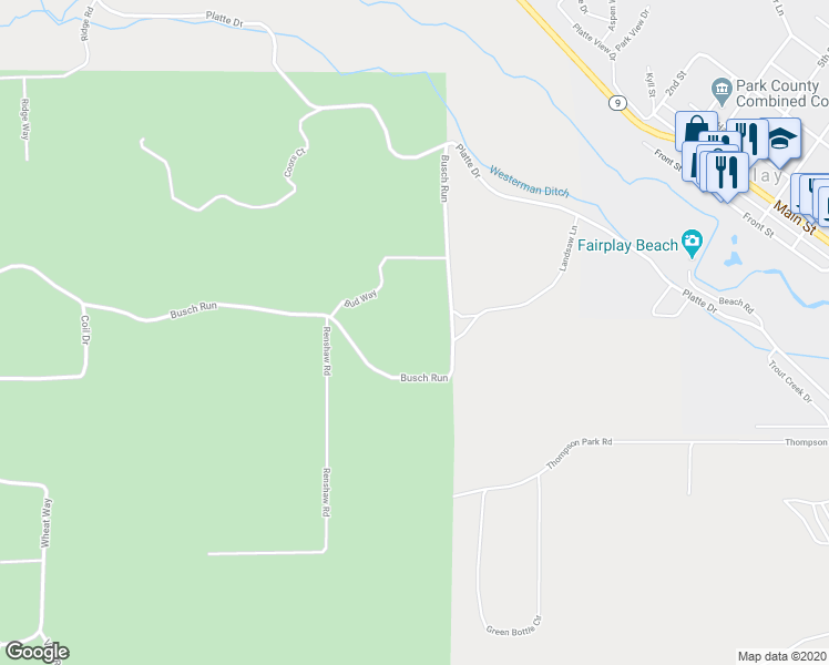 map of restaurants, bars, coffee shops, grocery stores, and more near 401 Busch Run in Fairplay