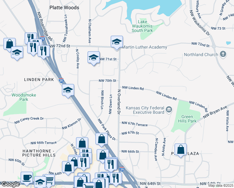 map of restaurants, bars, coffee shops, grocery stores, and more near 6912 North Overland Drive in Kansas City