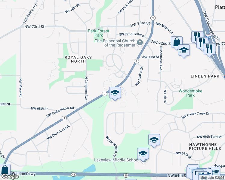 map of restaurants, bars, coffee shops, grocery stores, and more near 6930 Northwest Chapel Woods Lane in Kansas City