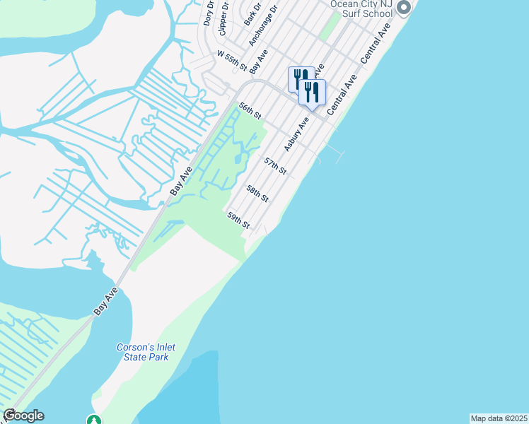 map of restaurants, bars, coffee shops, grocery stores, and more near 5838 Central Avenue in Ocean City