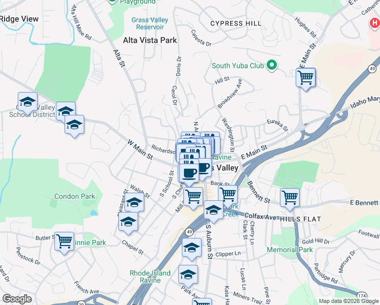 map of restaurants, bars, coffee shops, grocery stores, and more near Richardson Street in Grass Valley