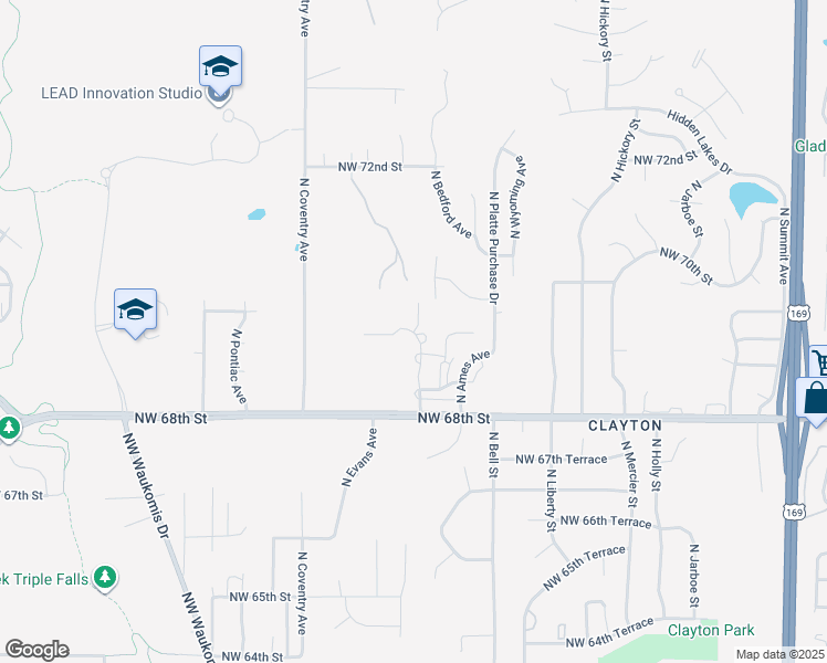 map of restaurants, bars, coffee shops, grocery stores, and more near 6953 North Bedford Avenue in Kansas City