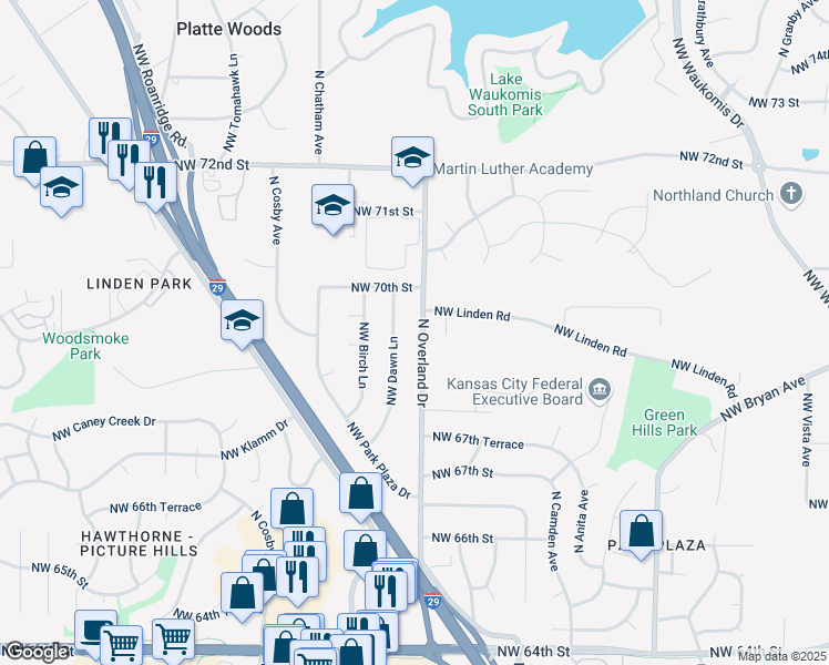 map of restaurants, bars, coffee shops, grocery stores, and more near 6912 North Overland Drive in Kansas City