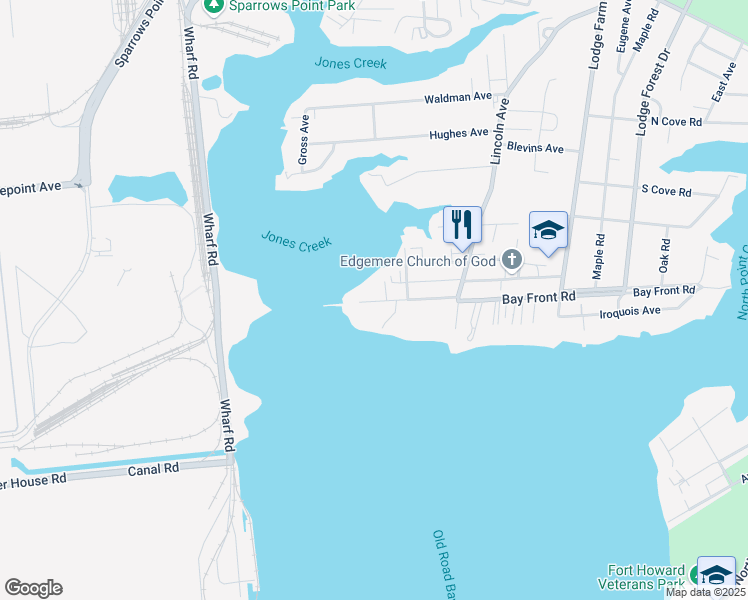 map of restaurants, bars, coffee shops, grocery stores, and more near 7220 Bay Front Road in Sparrows Point