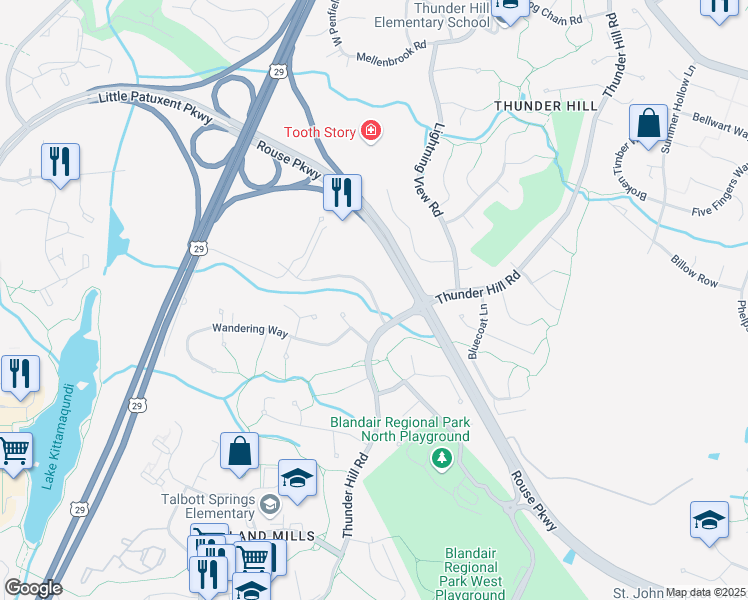 map of restaurants, bars, coffee shops, grocery stores, and more near 5537 Twin Knolls Road in Columbia