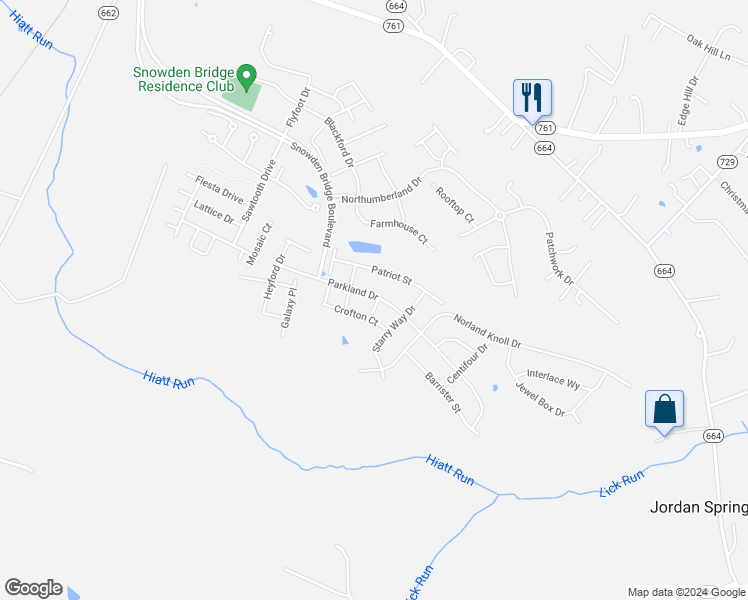 map of restaurants, bars, coffee shops, grocery stores, and more near 232 Parkland Drive in Stephenson