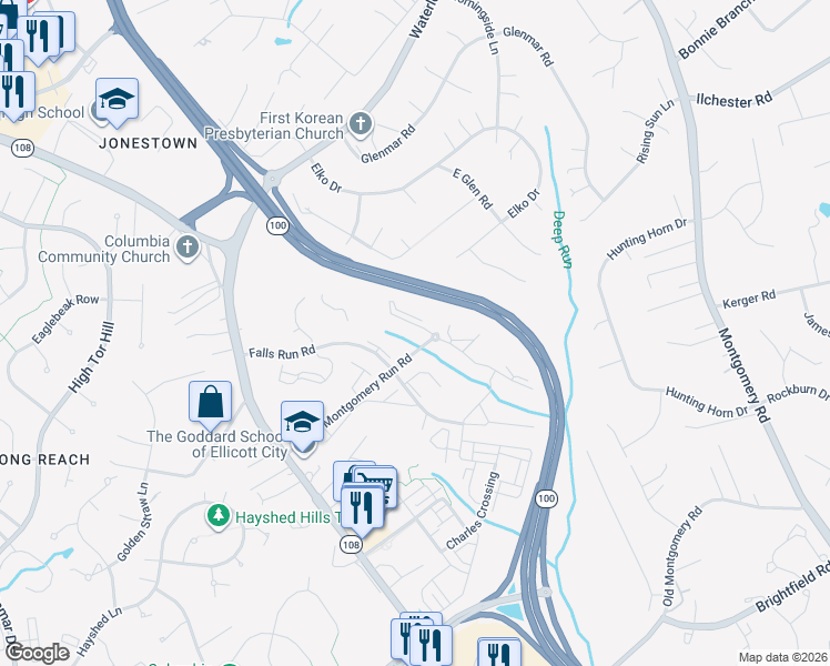 map of restaurants, bars, coffee shops, grocery stores, and more near 8360 Montgomery Run Road in Ellicott City